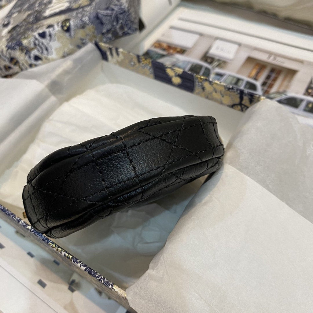DIOR DETACHABLE CARO ROUND COIN PURSE BLACK CANNAGE CALFSKIN