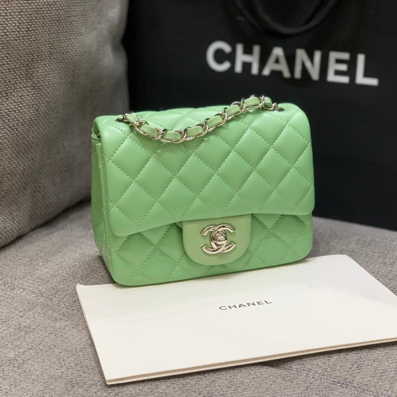 CHANEL MINI SQUARE FLAP BAG 17CM LIGHT GREEN LAMBSKIN SILVER HARDWARE