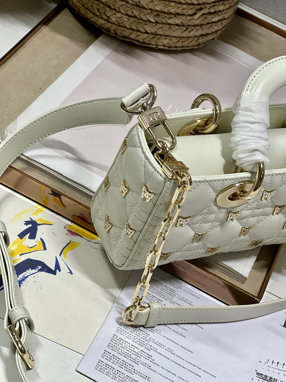 DIOR SMALL LADY D-JOY 22 BUTTERFLY STUD WHITE LAMBSKIN