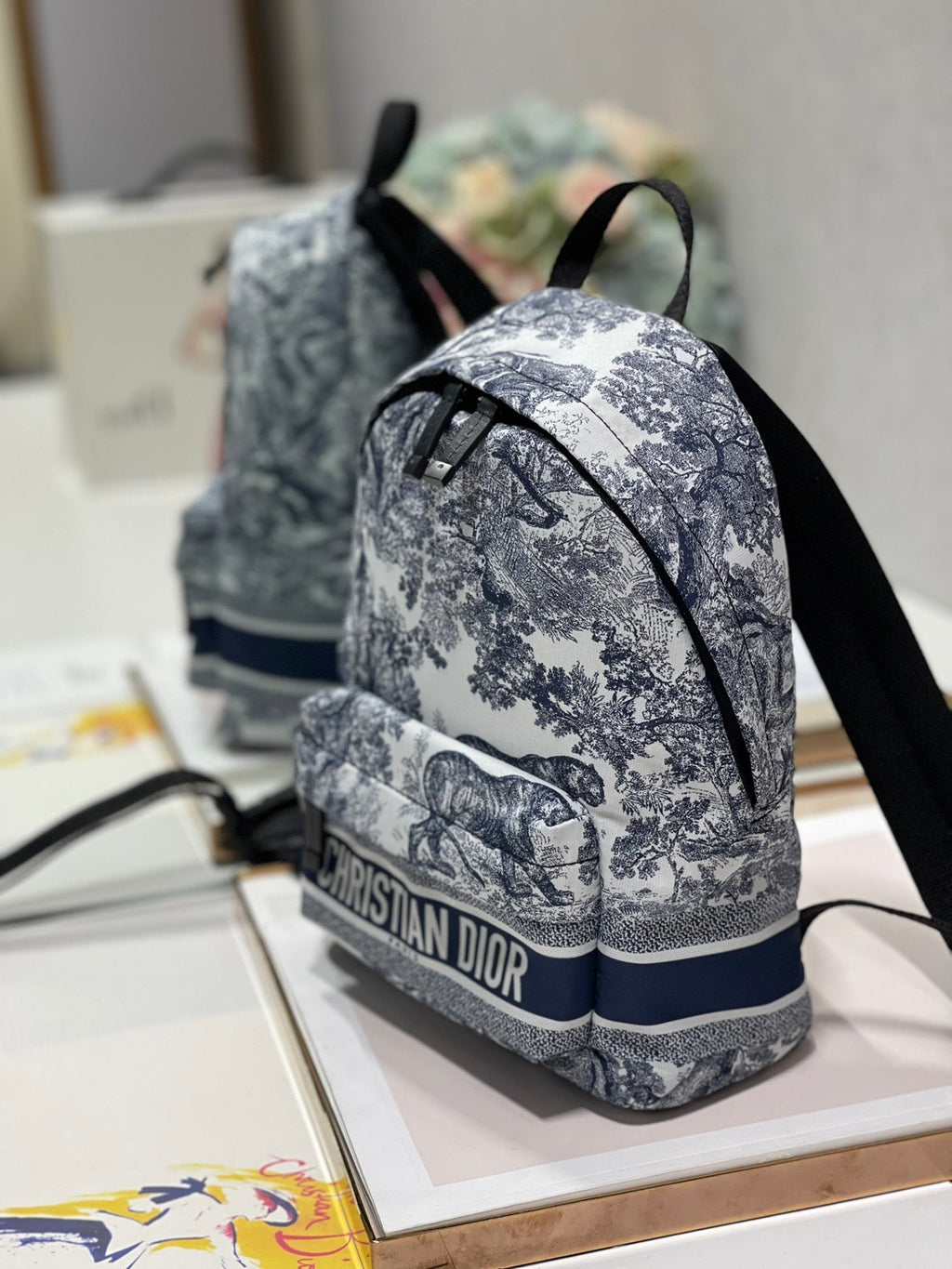 DIOR TRAVEL BACKPACK 20CM WHITE BLUE OBLIQUE JACQUARD