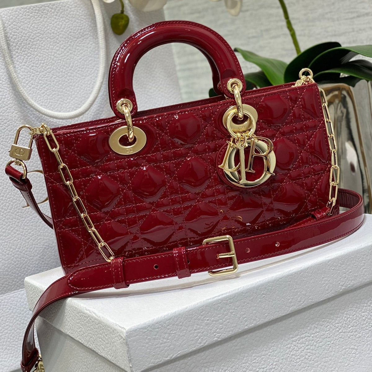 DIOR MEDIUM LADY D-JOY 26 RED PATENT CALFSKIN