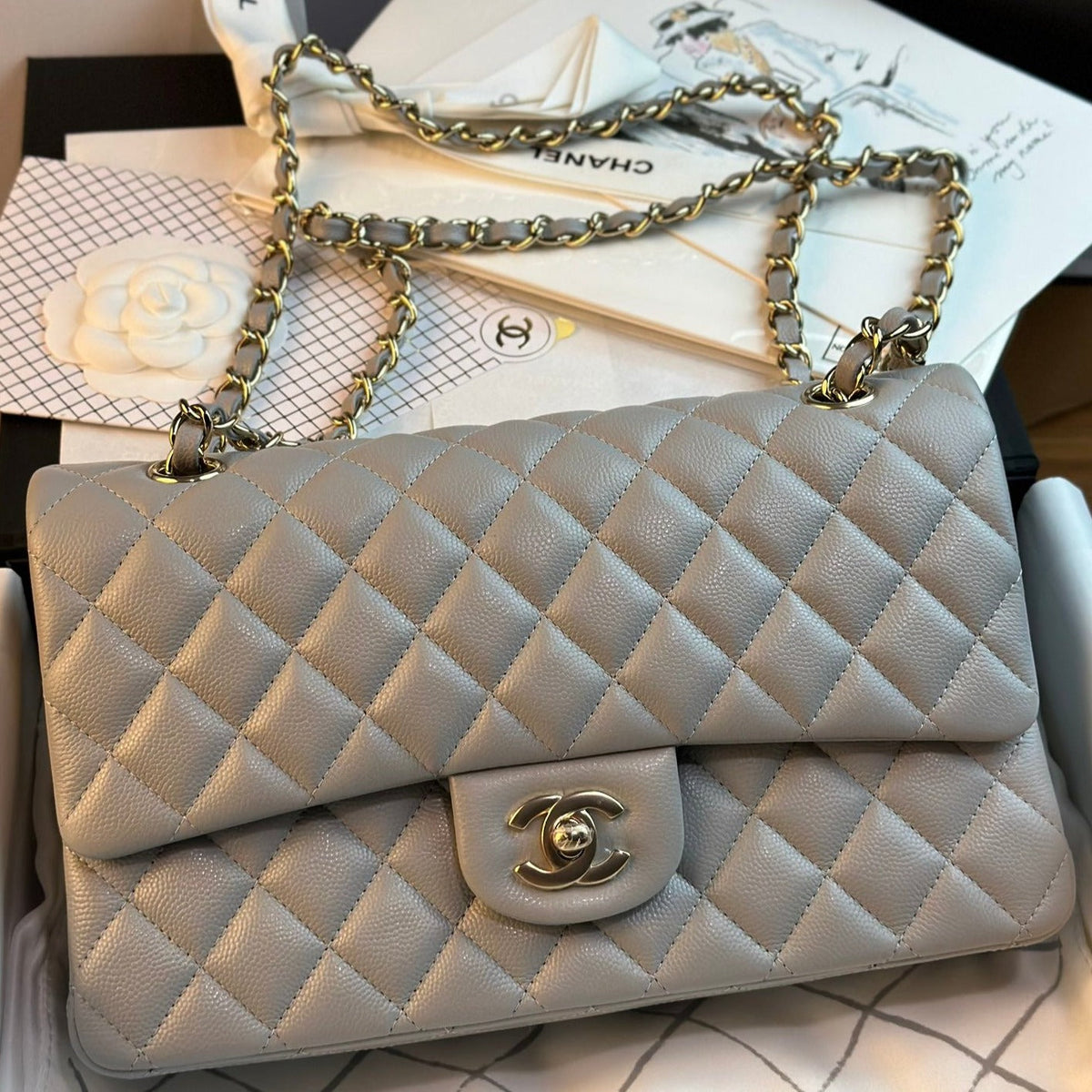 CHANEL FLAP BAG 25CM GOLD HARDWARE GREY CAVIAR
