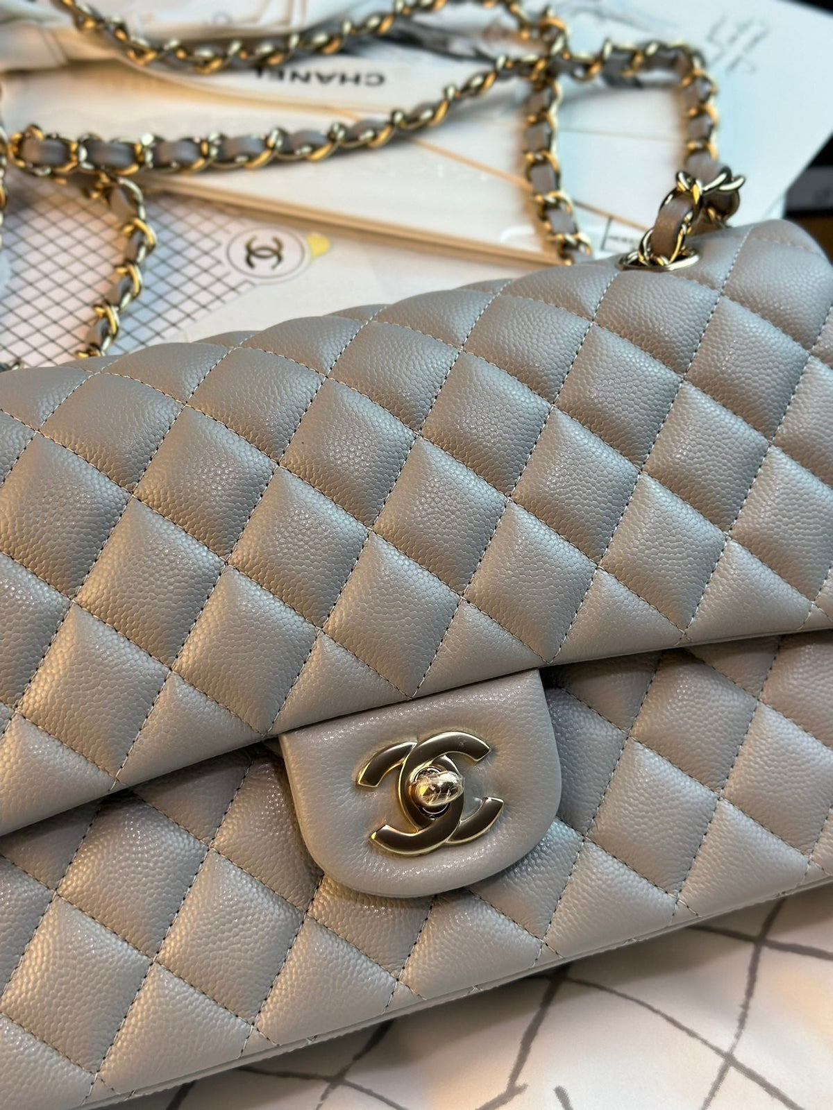CHANEL FLAP BAG 25CM GOLD HARDWARE GREY CAVIAR