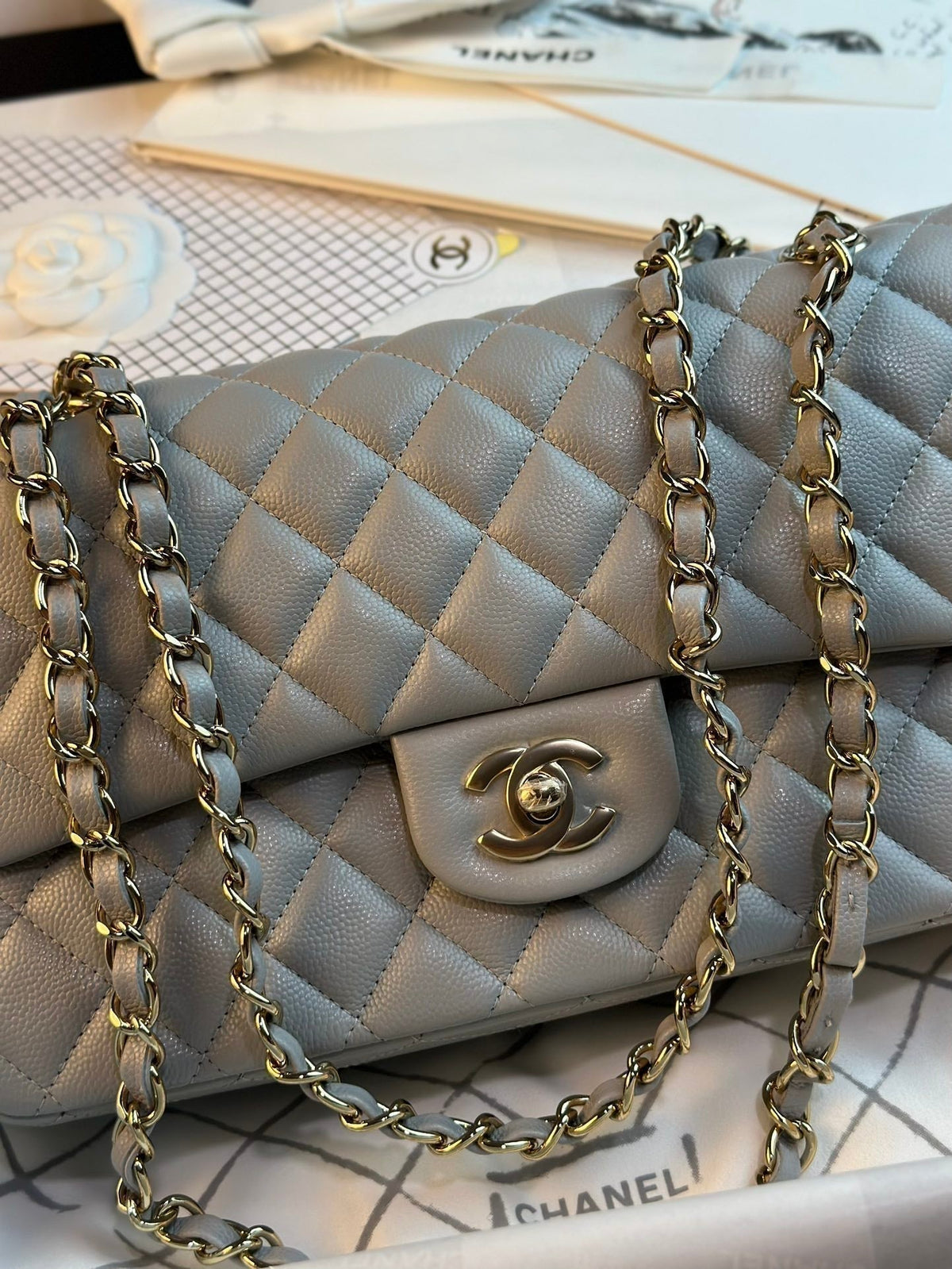 CHANEL FLAP BAG 25CM GOLD HARDWARE GREY CAVIAR