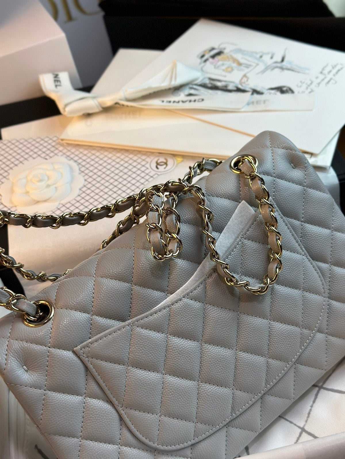 CHANEL FLAP BAG 25CM GOLD HARDWARE GREY CAVIAR