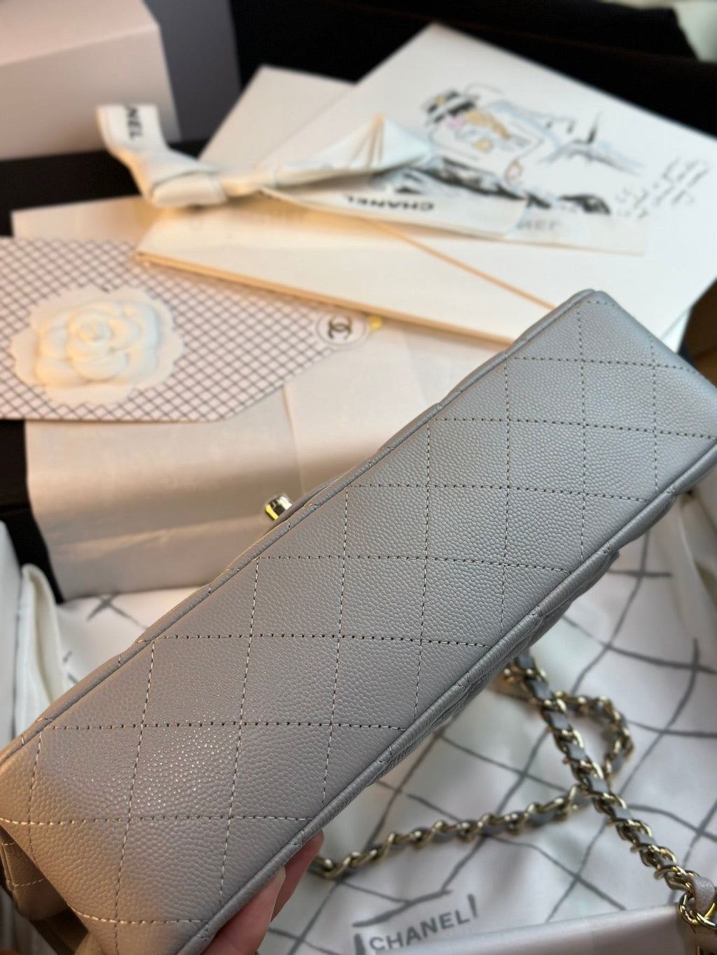 CHANEL FLAP BAG 25CM GOLD HARDWARE GREY CAVIAR