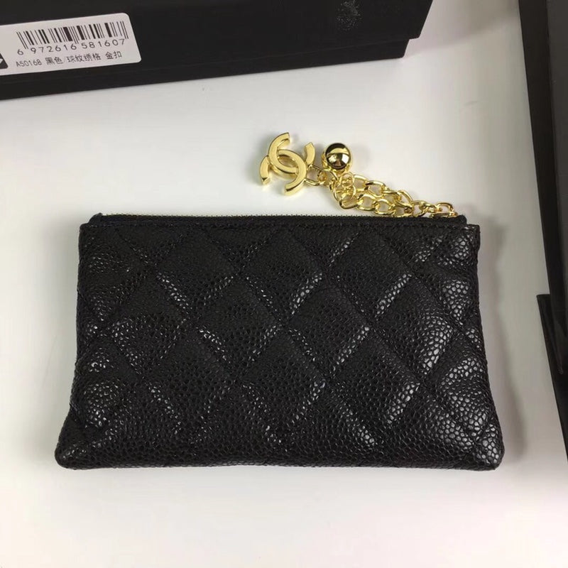 CHANEL CLASSIC SMALL ZIPPED POUCH 15 BLACK CALFSKIN GOLD ICON