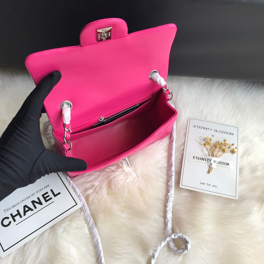 CHANEL 20 CLASSIC SMALL DOUBLE FLAP BAG IN DEEP PINK CALFSKIN