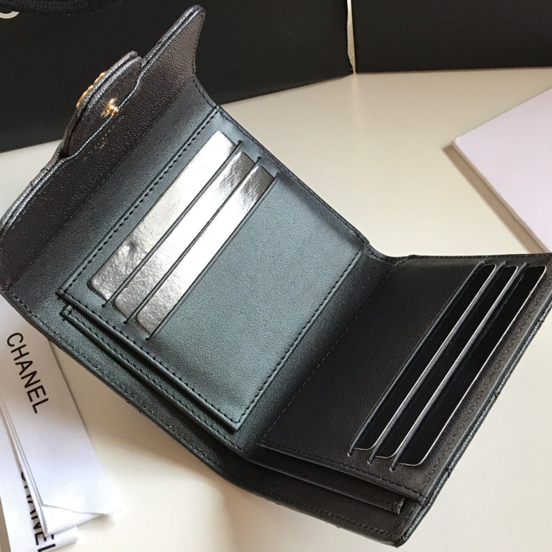 CHANEL FLAP CARD HOLDER 11.5 BLACK GRAINED CALFSKIN GOLD ICON