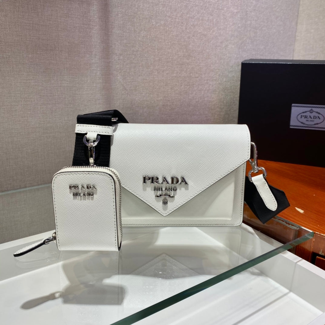 PRADA ENVELOPE FLAP BAG 20 IN WHITE SAFFIANO LEATHER