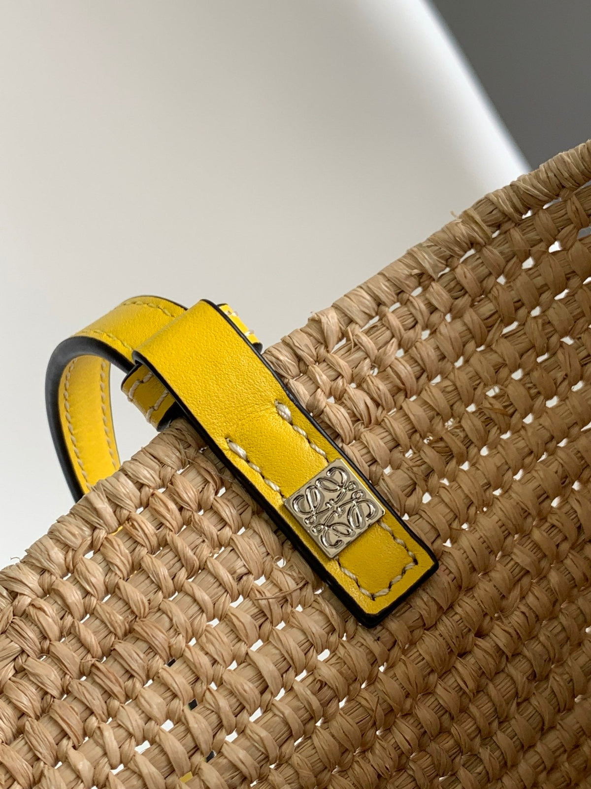 LOEWE 25S BASKET BAG 30 IN NATURAL MIX YELLOW RAFFIA CALFSKIN SHOULDER STRAP