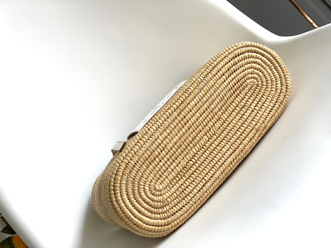 LOEWE 25S BASKET BAG 30 IN NATURAL MIX WHITE RAFFIA CALFSKIN SHOULDER STRAP