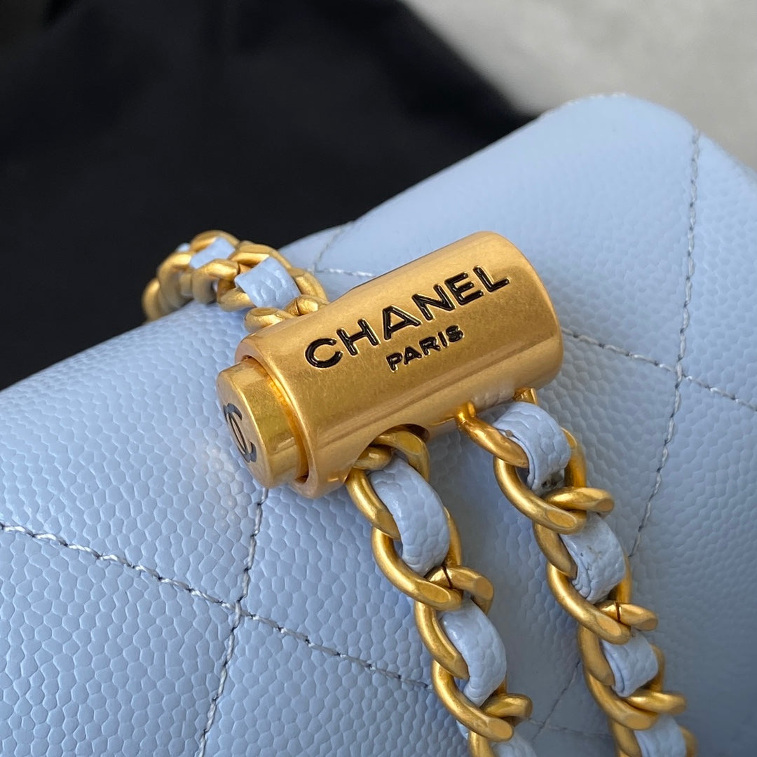 CHANEL 25S CLASSIC FLAP 19 CM IN PASTEL BLUE CAVIAR LEATHER WITH GOLD HARDWARE