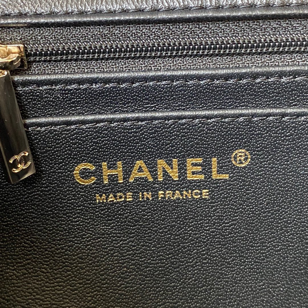 CHANEL 25S MINI FLAP BAG WITH TOP HANDLE 20 IN BLACK CALFSKIN GOLD HARDWARE