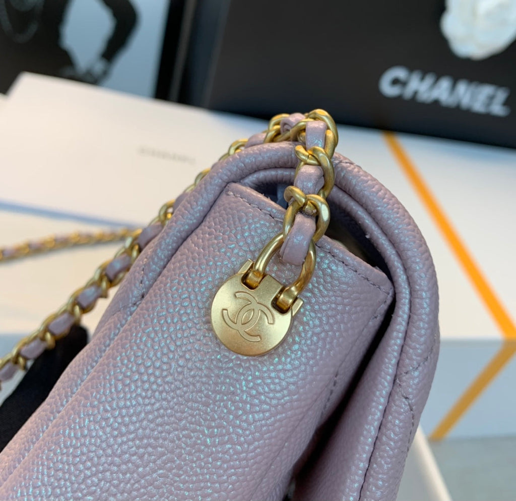 CHANEL 25S CLASSIC FLAP 19 CM IN MAUVE PINK CAVIAR LEATHER WITH GOLD HARDWARE