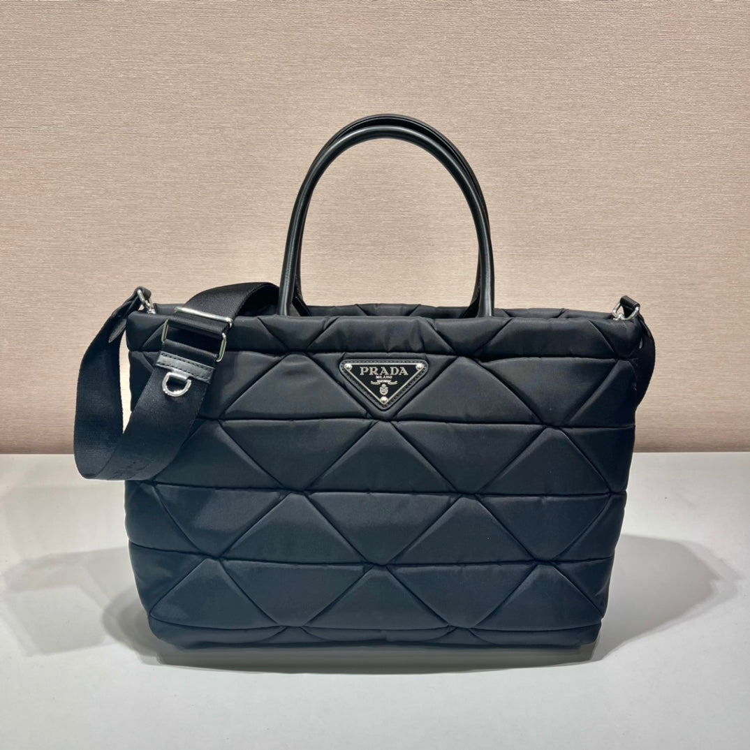 PRADA TRIANGLE PATTERN TOTE BAG 33 IN BLACK QUILTED RE-NYLON