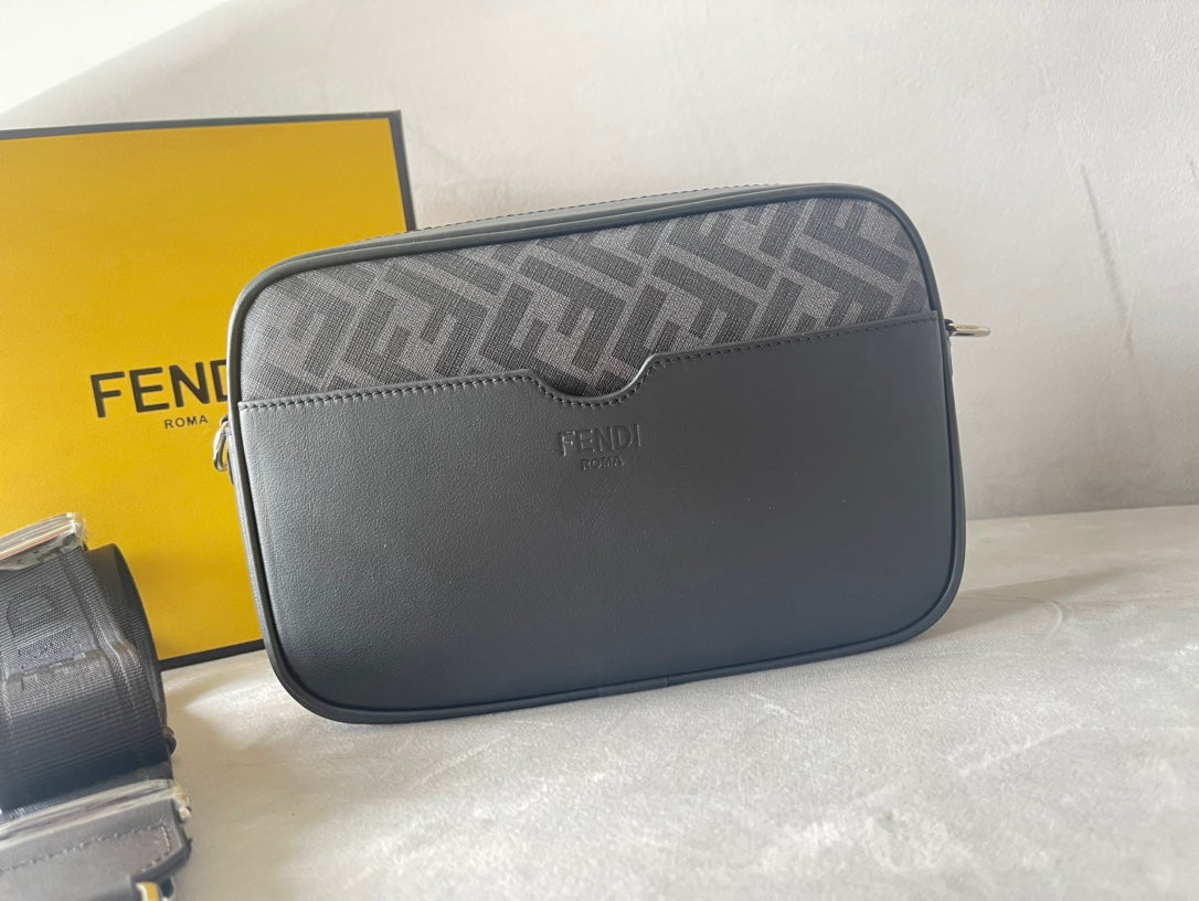 FENDI ROMA 22 CLUTCH BAG IN DARK GREY FF CALFSKIN SILVER HARDWARE WITH WHITE LOGO