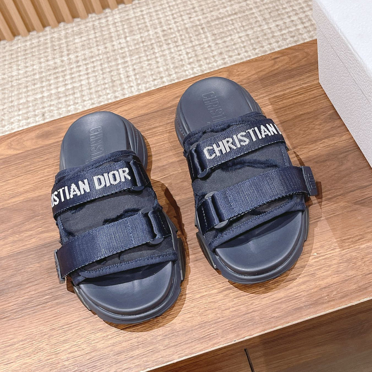 DIOR PLATFORM SLIDES 25S 30 MM IN MIDNIGHT BLUE FABRIC AND CALFSKIN