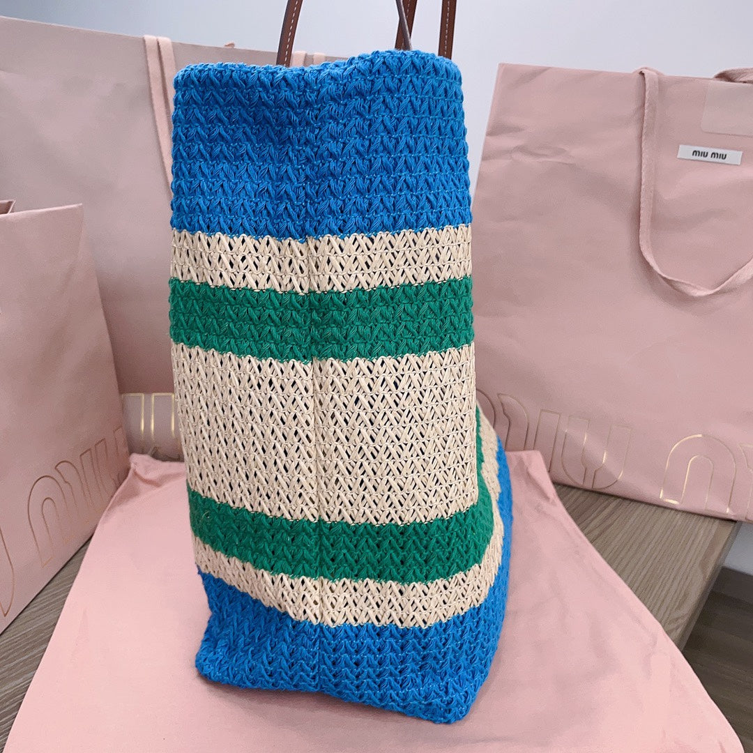 TOTE BAG 40 IN STRIPED PATTERN OF BLUE GREEN AND CREAM WHITE WOVEN RAFFIA
