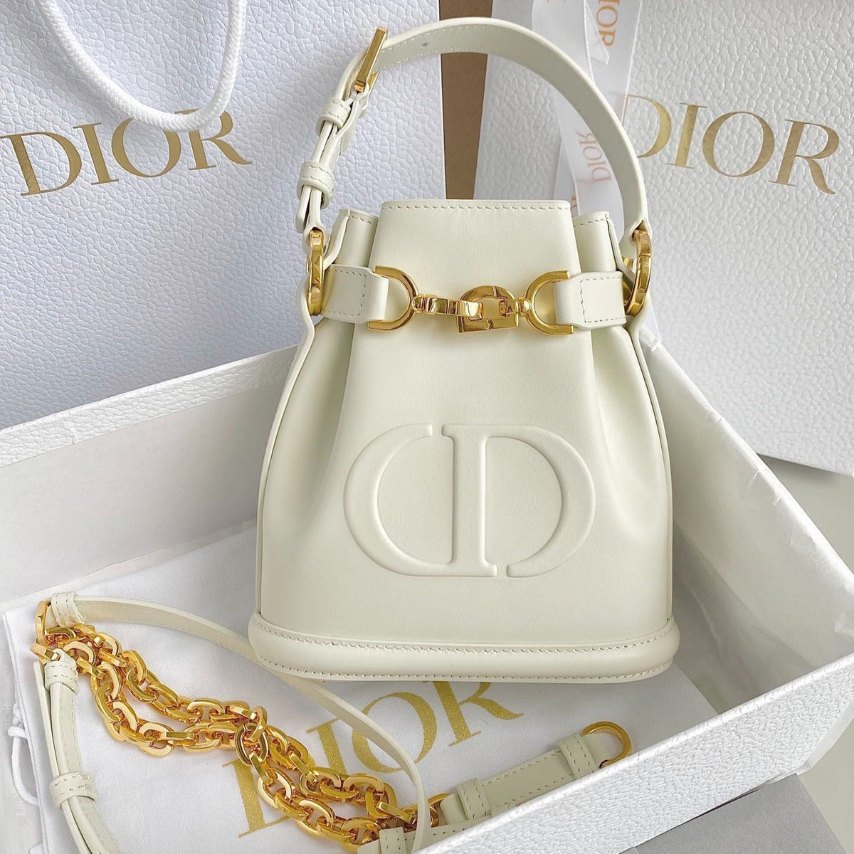 DIOR SMALL C'EST 18 IN WHITE CD-EMBOSSED CALFSKIN