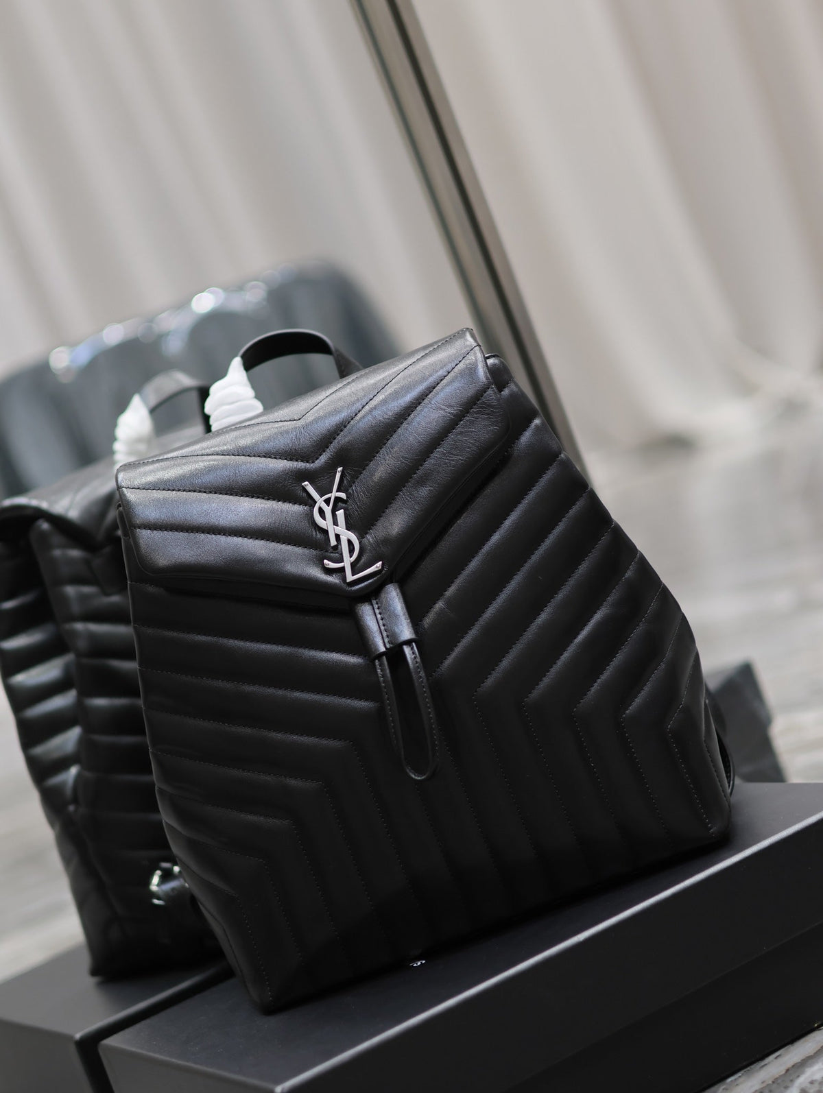 LOU BACKPACK 33 IN BLACK QUILTED CALFSKIN SILVER HARDWARE