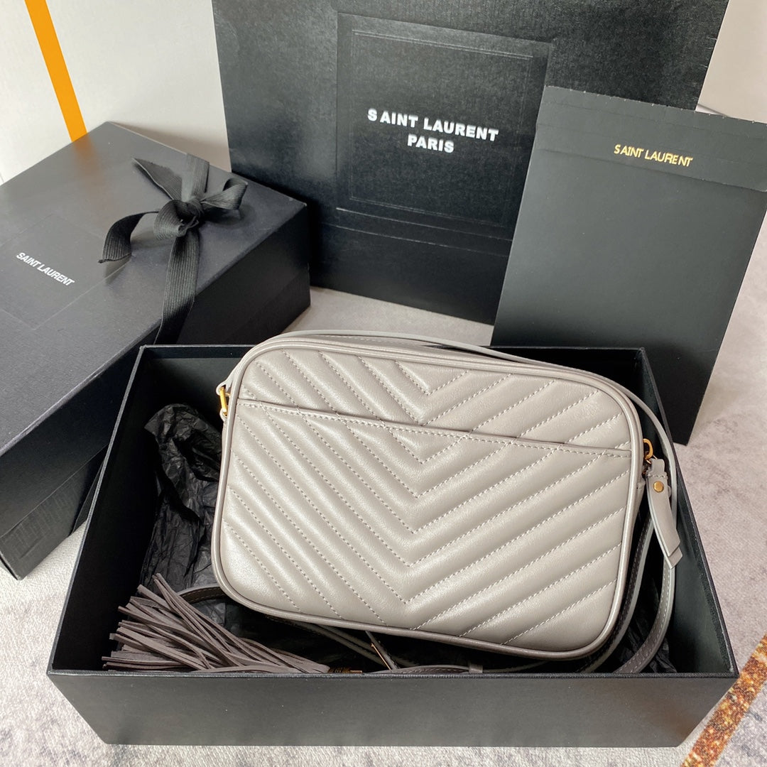 LOU CAMERA BAG 23 IN LIGHT GRAY CALFSKIN GOLD LOGO