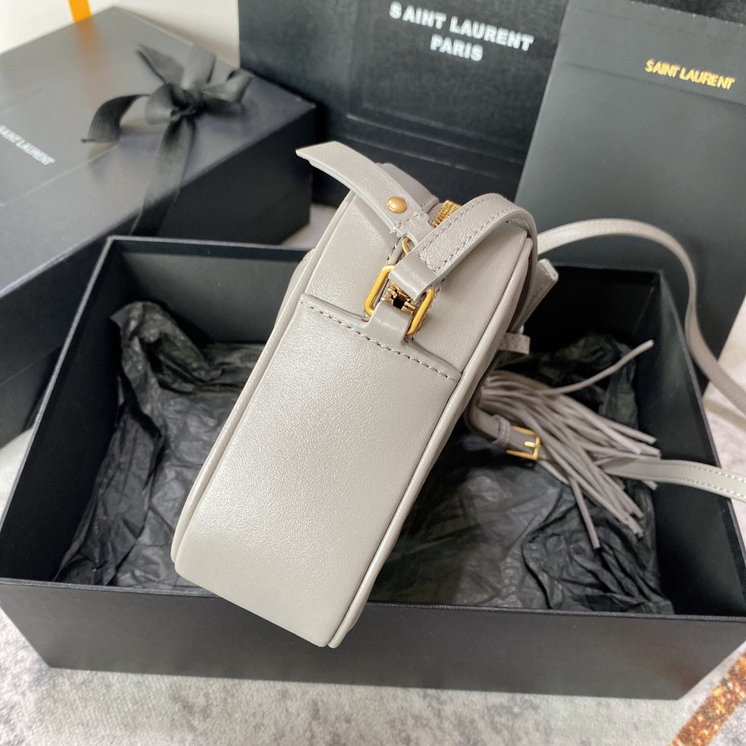 LOU CAMERA BAG 23 IN LIGHT GRAY CALFSKIN GOLD LOGO