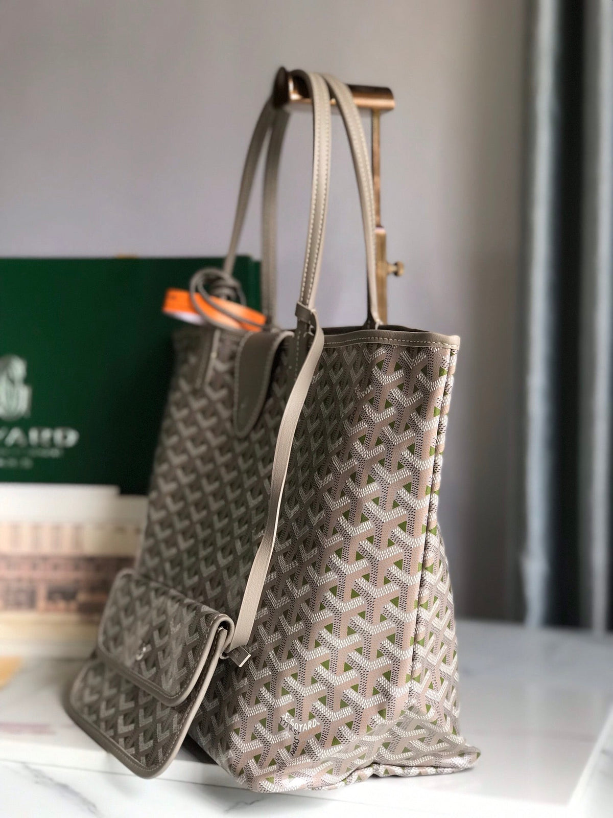 SAINT LOUIS PM 34 IN GREY MIX GREEN GOYARDINE CANVAS AND CALFSKIN