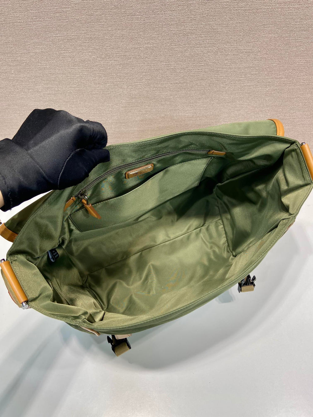 PRADA LARGE FLAP BAG 30 IN SEAWEED GREEN RE-NYLON AND BROWN CALFSKIN TRIM