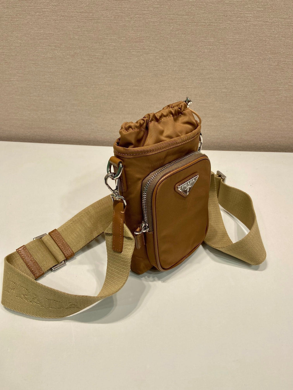 PRADA PHONE BAG 18 IN SEPIA BROWN RE-NYLON