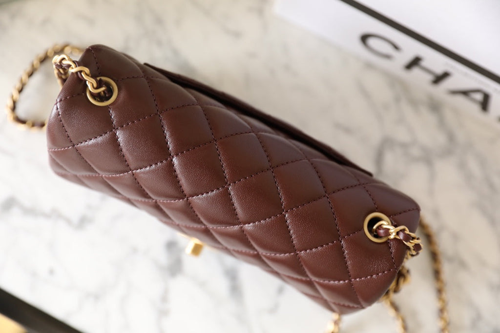 CHANEL 25S FLAP BAG 20 CM IN DARK BROWN LAMBSKIN WITH GOLD HARDWARE