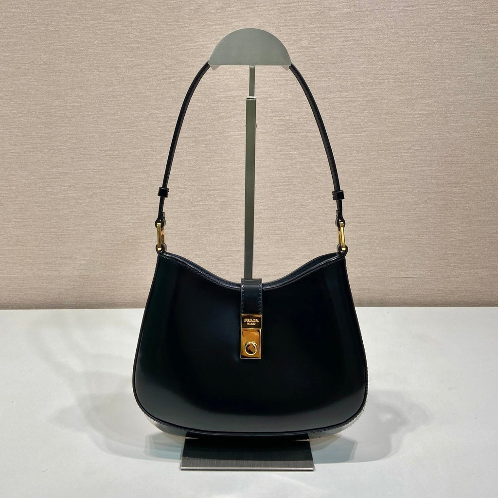 PRADA CLEO SHOULDER BAG 22 IN BLACK BRUSHED LAMBSKIN WITH CLASP CLOSURE