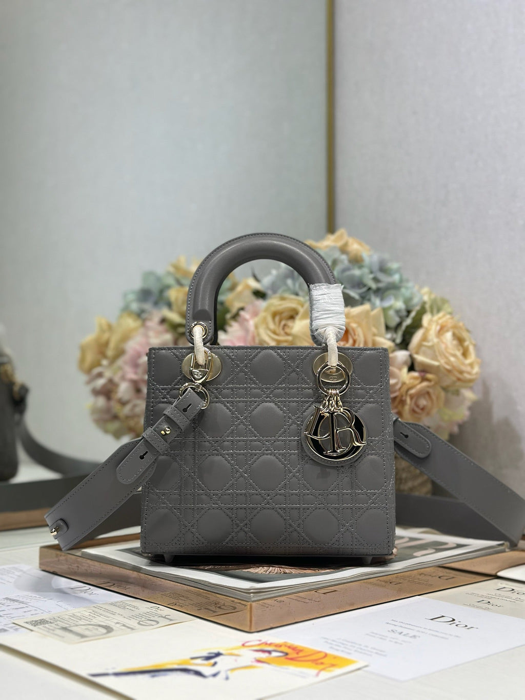 DIOR LADY SMALL BAG 20 IN GREY MACROCANNAGE LAMBSKIN GOLD HARDWARE
