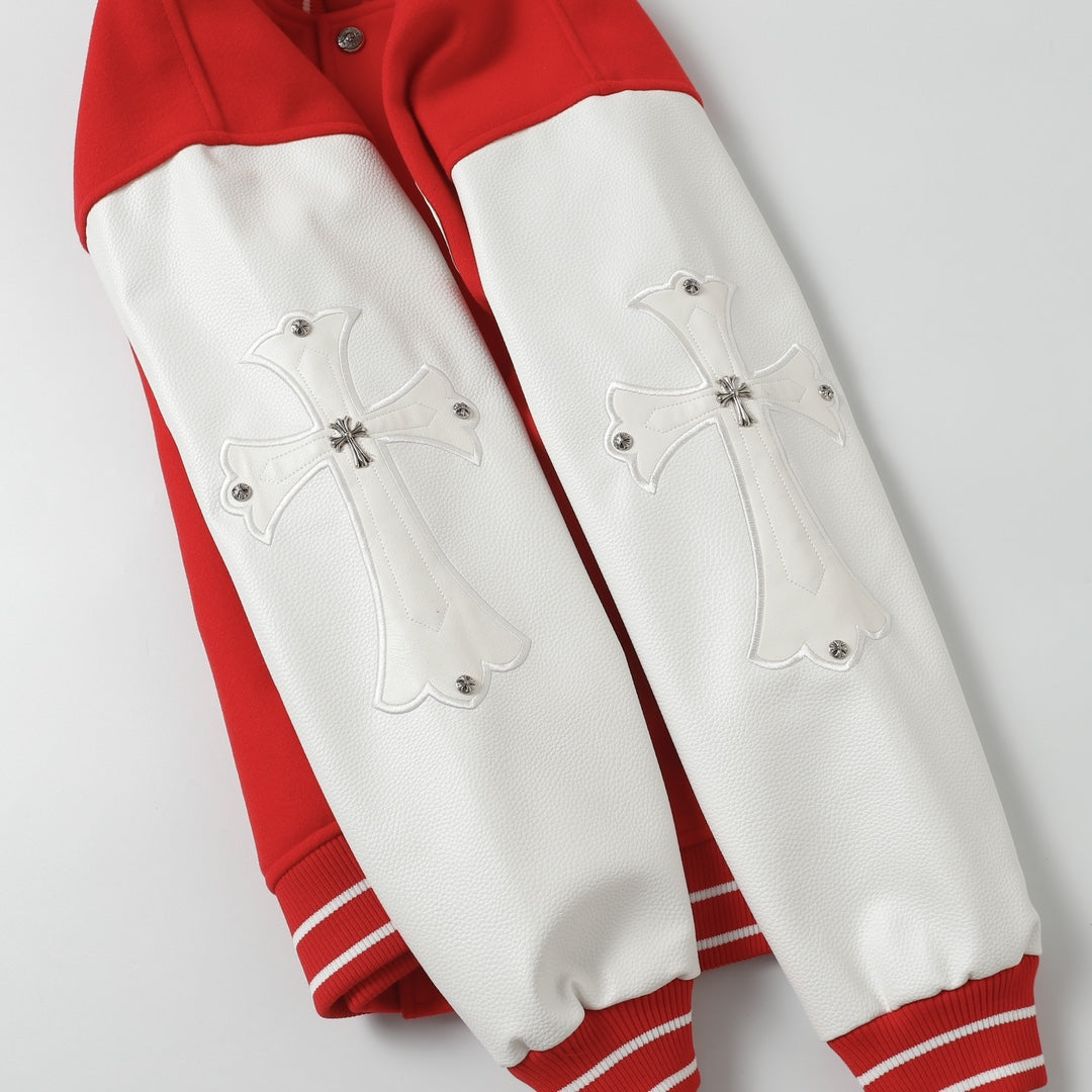 Chrome Hearts Red Cross Varsity Jacket - White Sleeve Gothic Street Baseball Coat D68