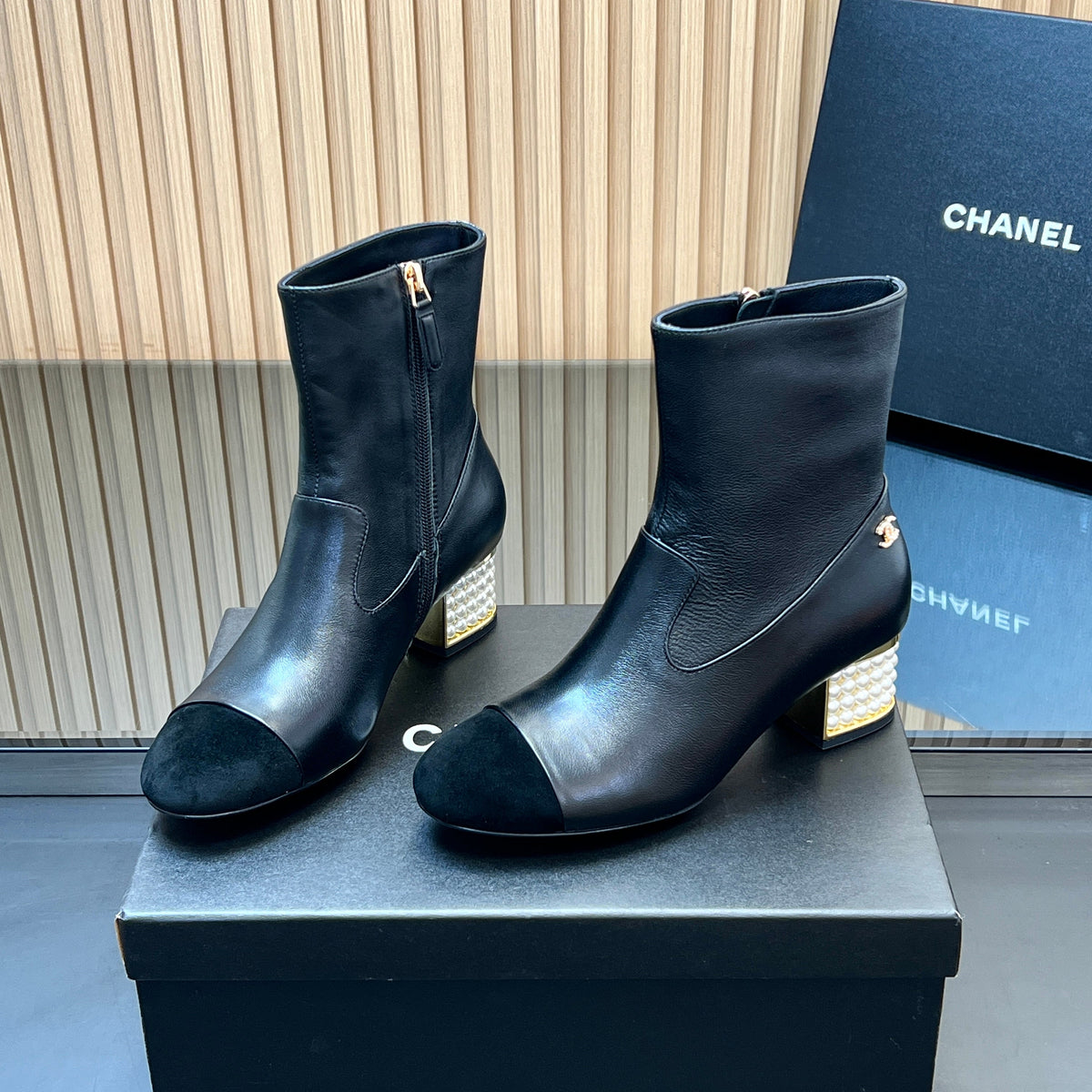 CHANEL 25S TALL BOOTS WITH PEARL DETAILS 50MM IN BLACK SUEDE AND CALFSKIN