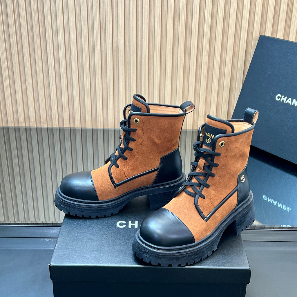 CHANEL 25S LACE-UP ANKLE BOOTS IN DARK CARAMEL SUEDE AND BLACK CALFSKIN