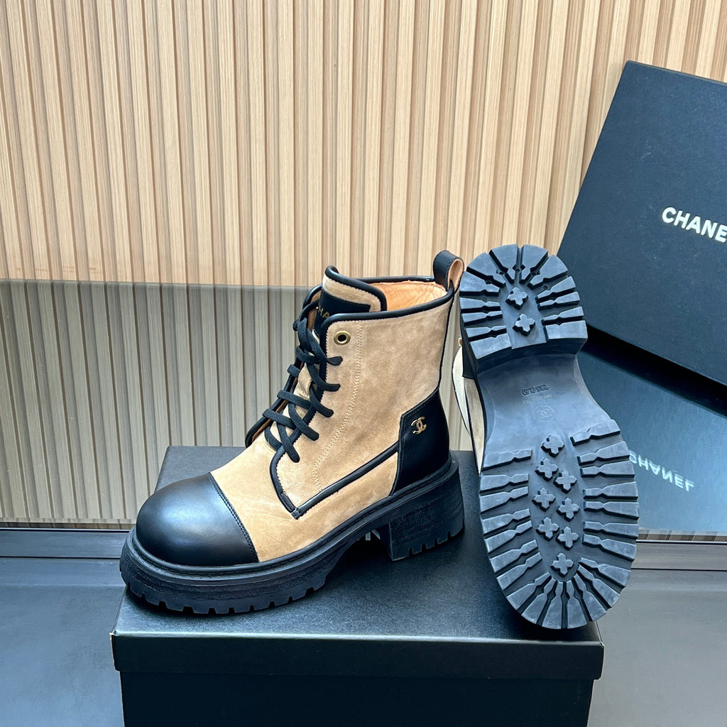 CHANEL 25S LACE-UP ANKLE BOOTS IN BROWN BLACK SUEDE AND CALFSKIN