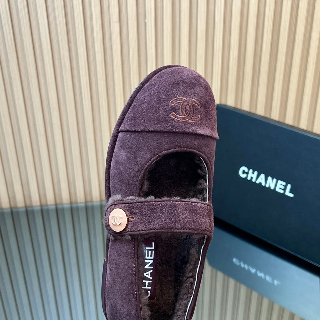CHANEL 25S FURRY MARY JANE SHOES IN DARK PURPLE SUEDE