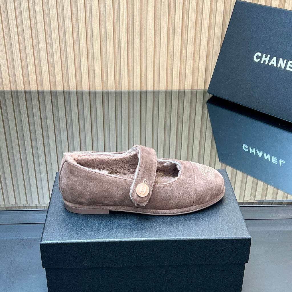 CHANEL 25S FURRY MARY JANE SHOES IN TAUPE GRAY SUEDE