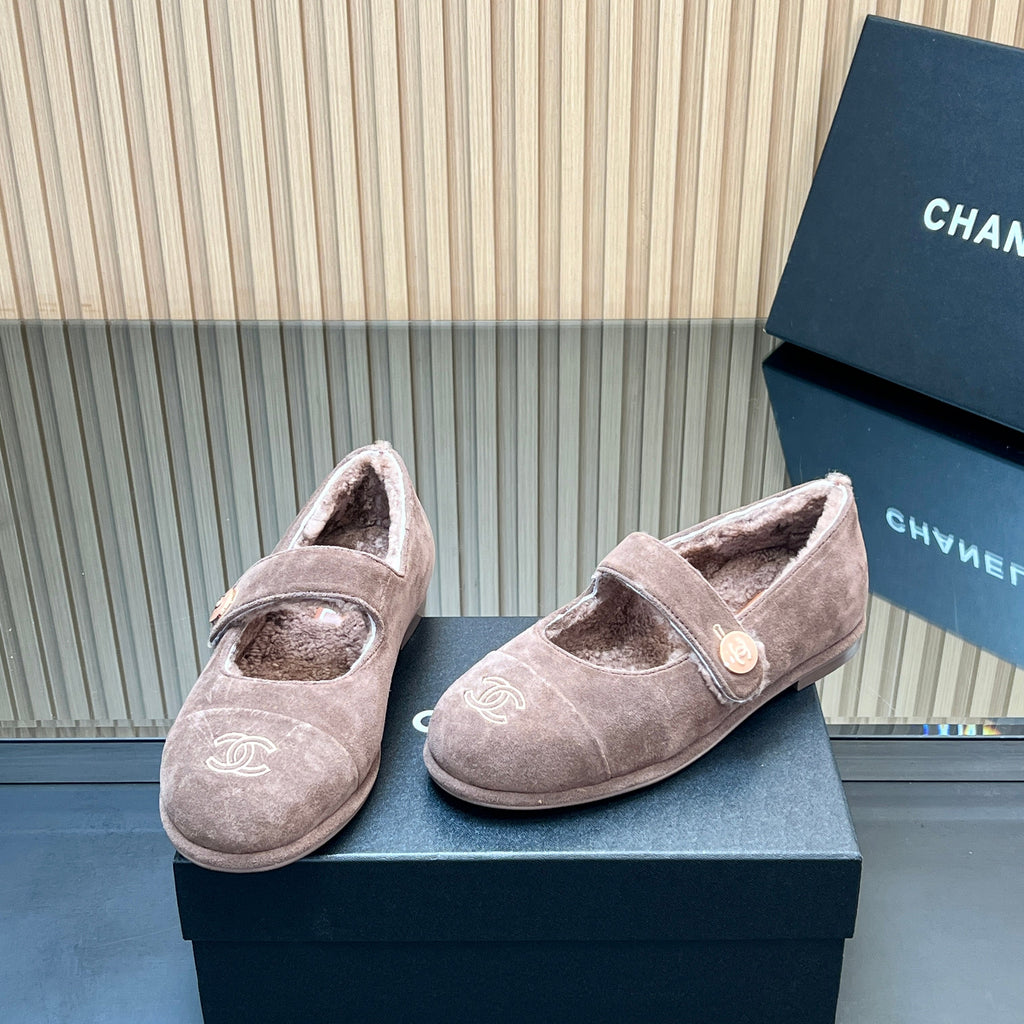 CHANEL 25S FURRY MARY JANE SHOES IN TAUPE GRAY SUEDE