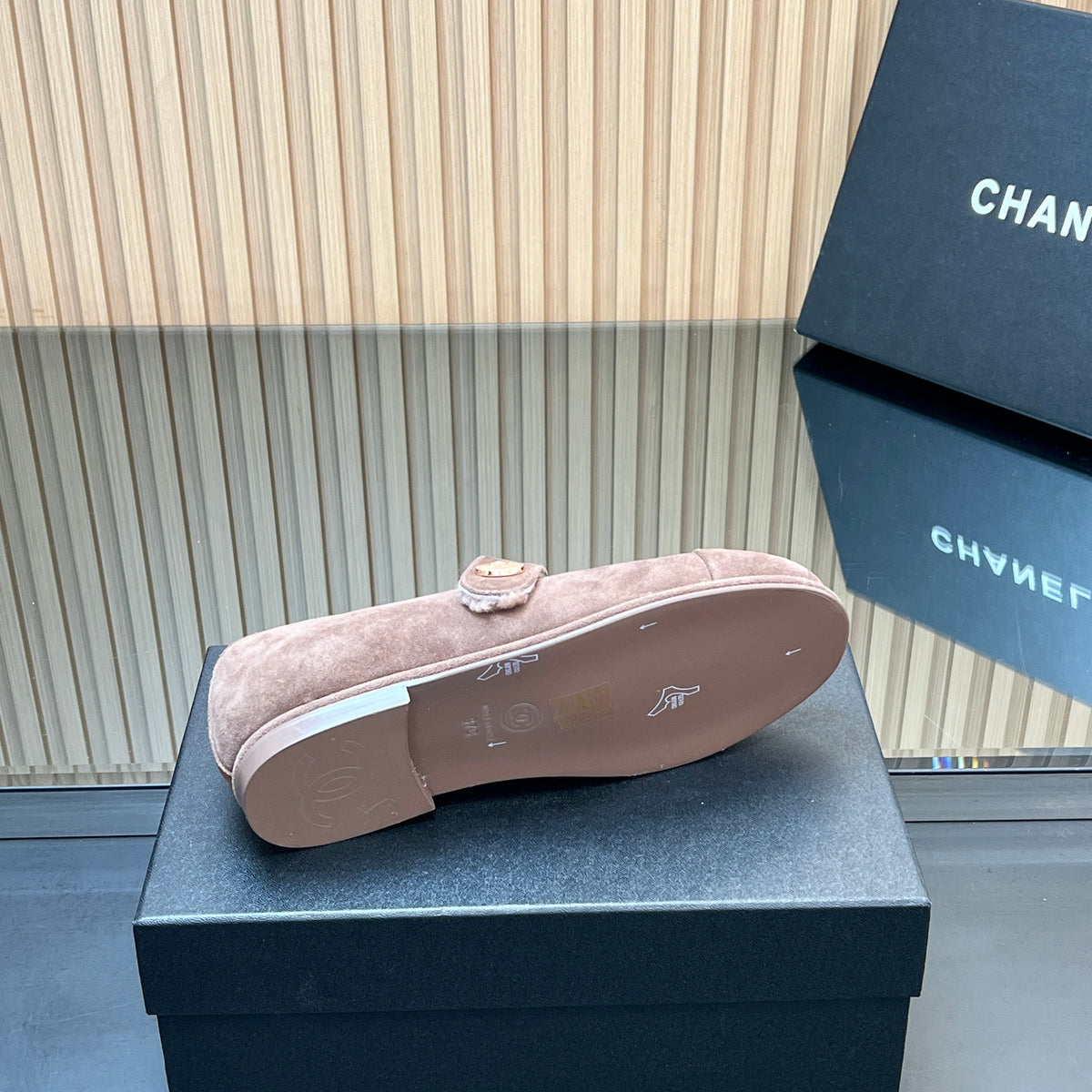 CHANEL 25S FURRY MARY JANE SHOES IN TAUPE GRAY SUEDE