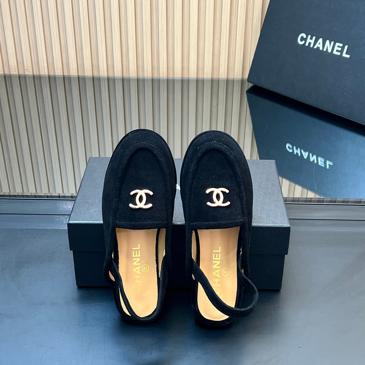 CHANEL 25S BACK STRAP MULE 15MM IN BLACK SUEDE GOLD HARDWRE