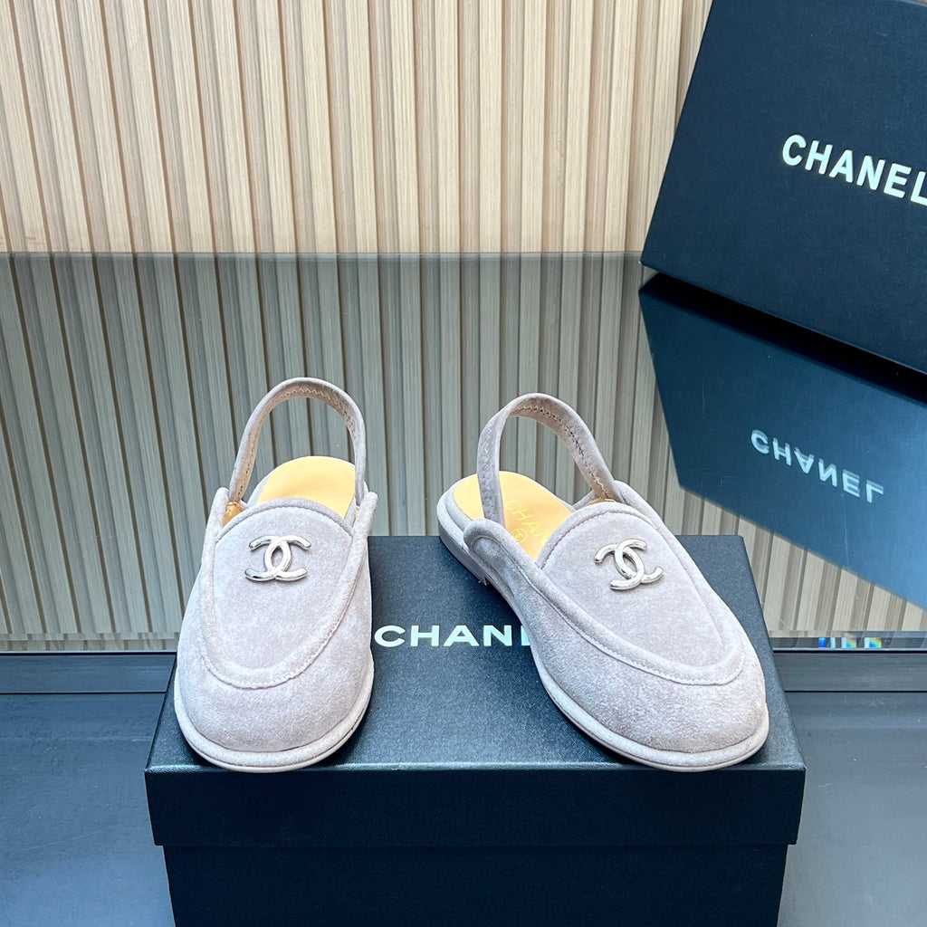 CHANEL 25S BACK STRAP MULE 15MM IN LIGHT GRAY SUEDE SILVER HARDWRE