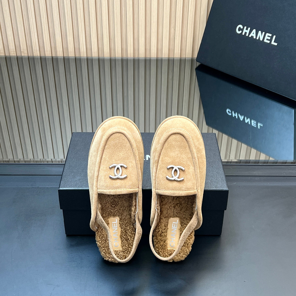 CHANEL 25S BACK STRAP MULE 15MM IN LIGHT BROWN SUEDE AND WOOL SILVER HARDWRE