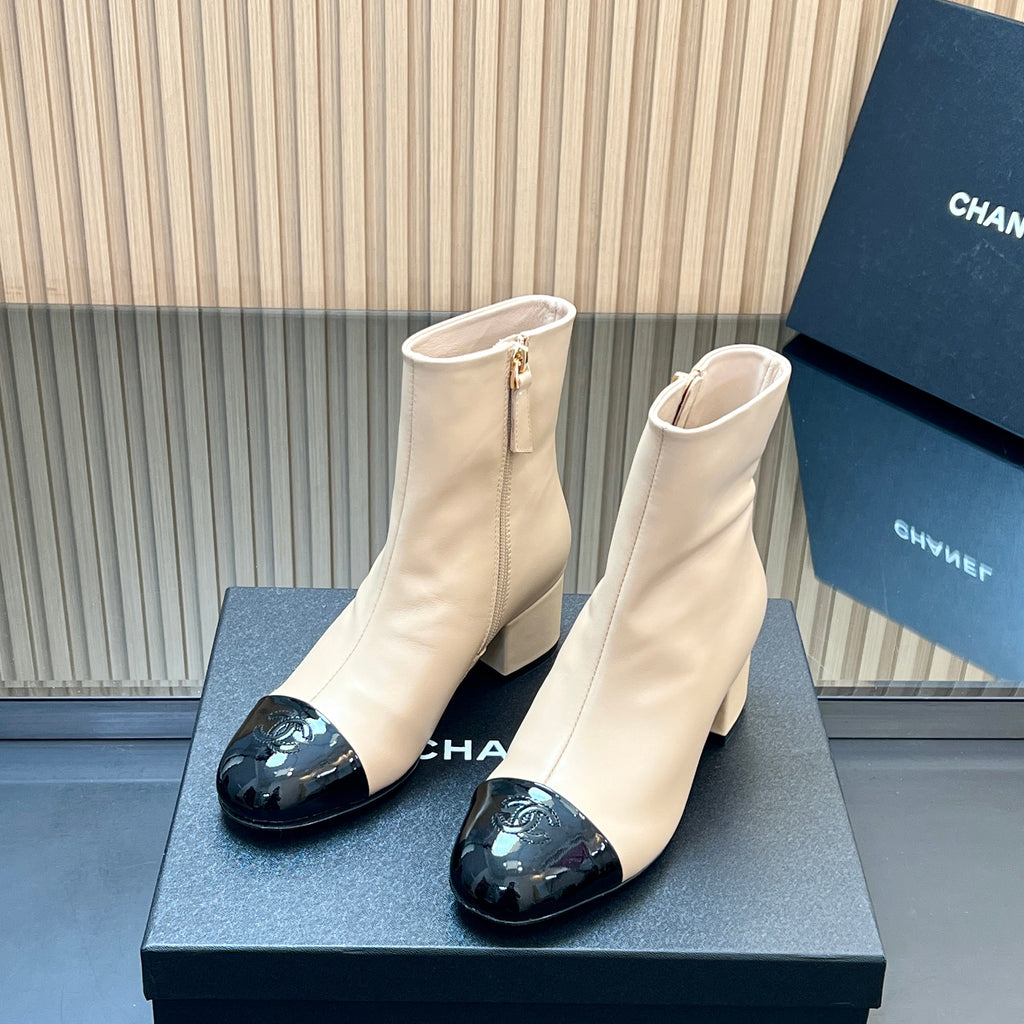 CHANEL 25S BOOTS WITH PATENT TOE CAP 50MM IN BEIGE AND BLACK CALFSKIN