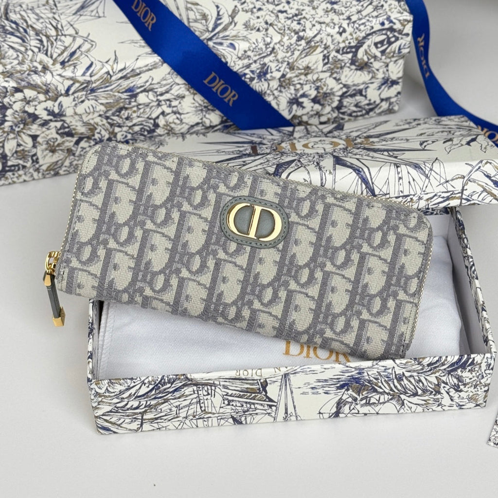 DIOR 25S LONG ZIPPER WALLET 19 IN GRAY OBLIQUE JACQUARD CANVAS
