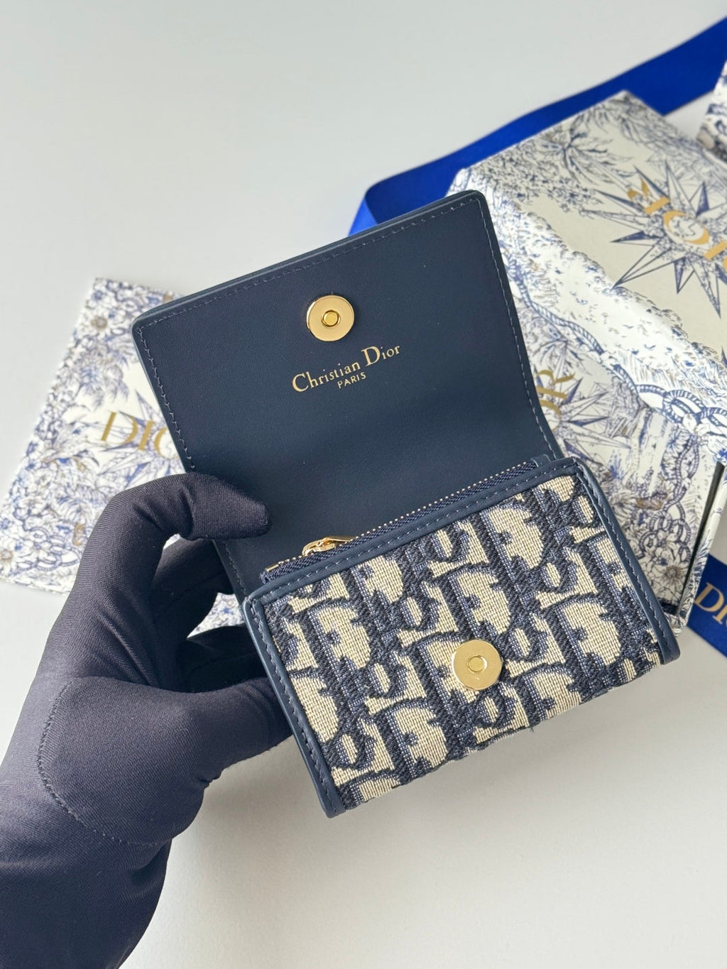 DIOR 25S CARO CARD HOLDER 11 IN BLUE CALFSKIN AND CANVAS GOLD HARDWARE
