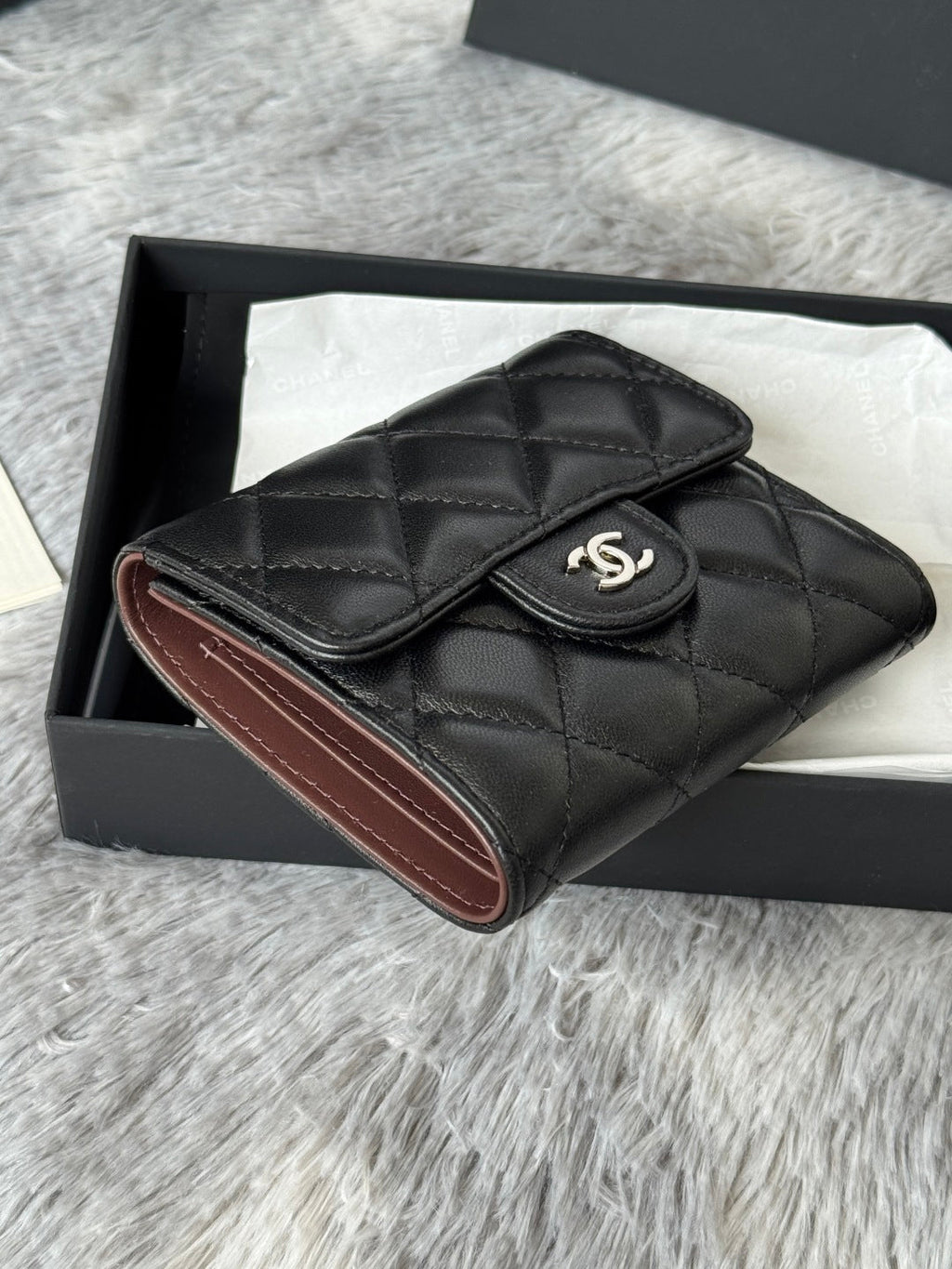 CHANEL 25S CF SMALL TRI FOLD WALLET 11 IN BLACK LAMBSKIN SILVER HARDWARE