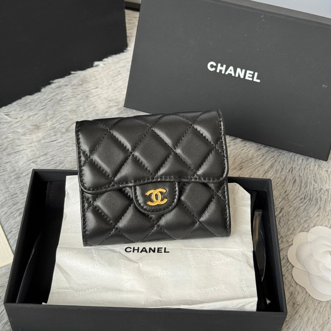 CHANEL 25S CF SMALL TRI FOLD WALLET 11 IN BLACK LAMBSKIN GOLD HARDWARE