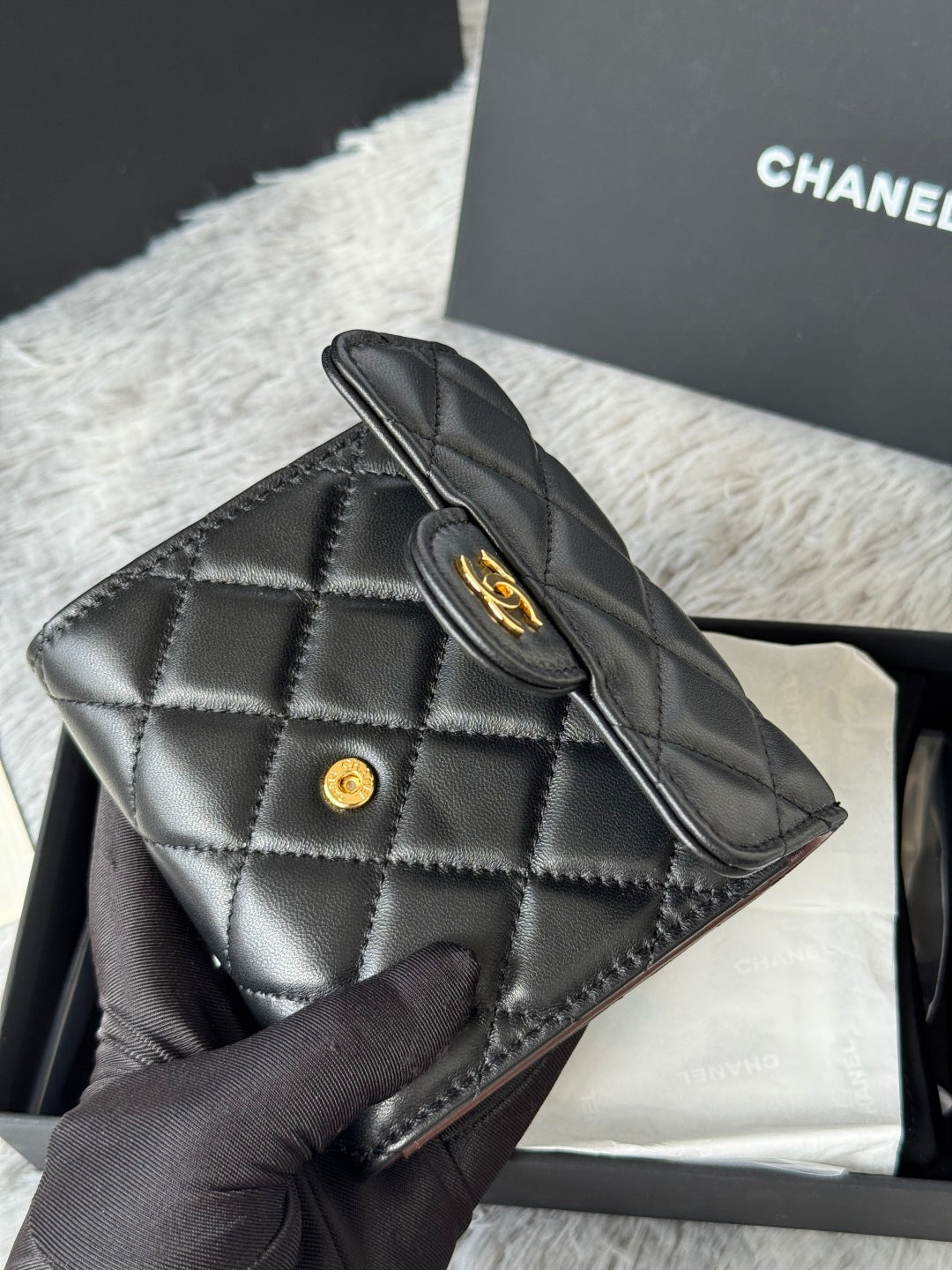 CHANEL 25S CF SMALL TRI FOLD WALLET 11 IN BLACK LAMBSKIN GOLD HARDWARE